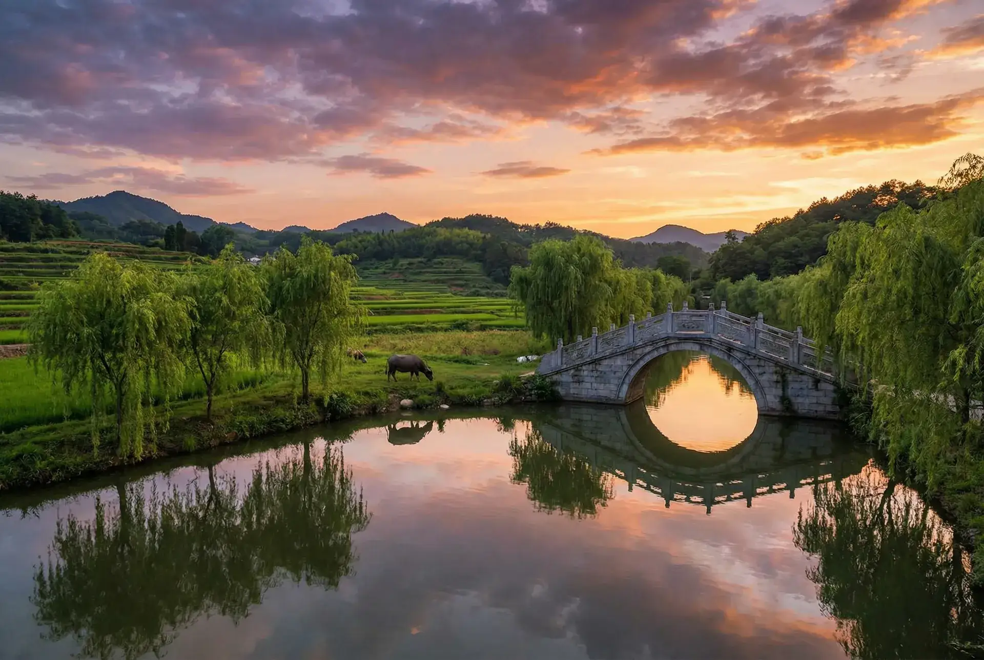 夕阳下的石拱桥与垂柳，水牛在河边吃草 - 新还珠格格97 乡村美景